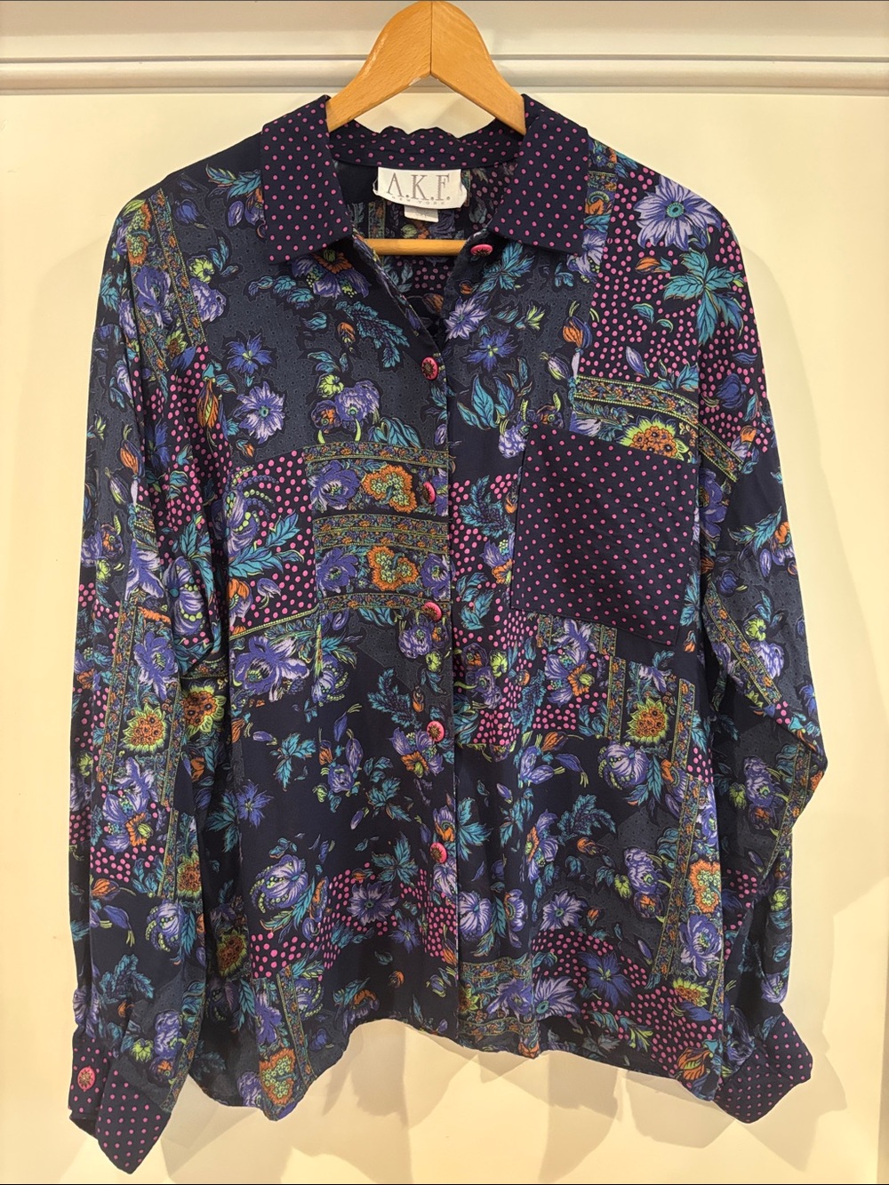 VTG A.K.F. New York Patchwork Floral Polka Dot Rayon Blouse Size L Made in USA